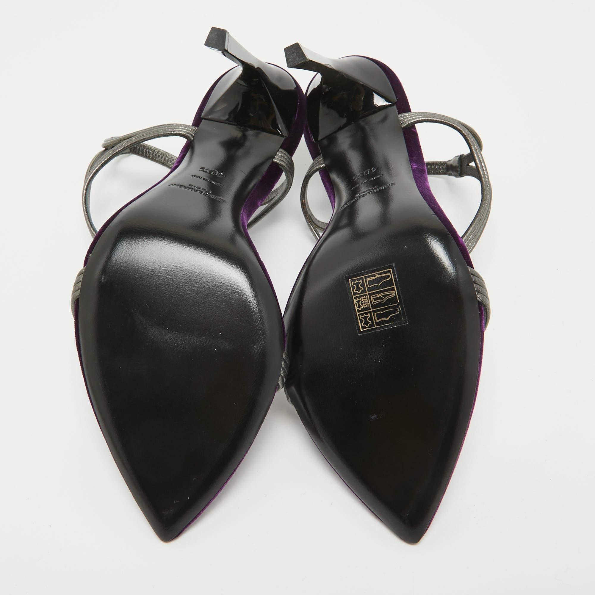 Saint Laurent Metallic Silver/Purple Leather and Velvet Ankle Strap Sandals Size For Sale 1