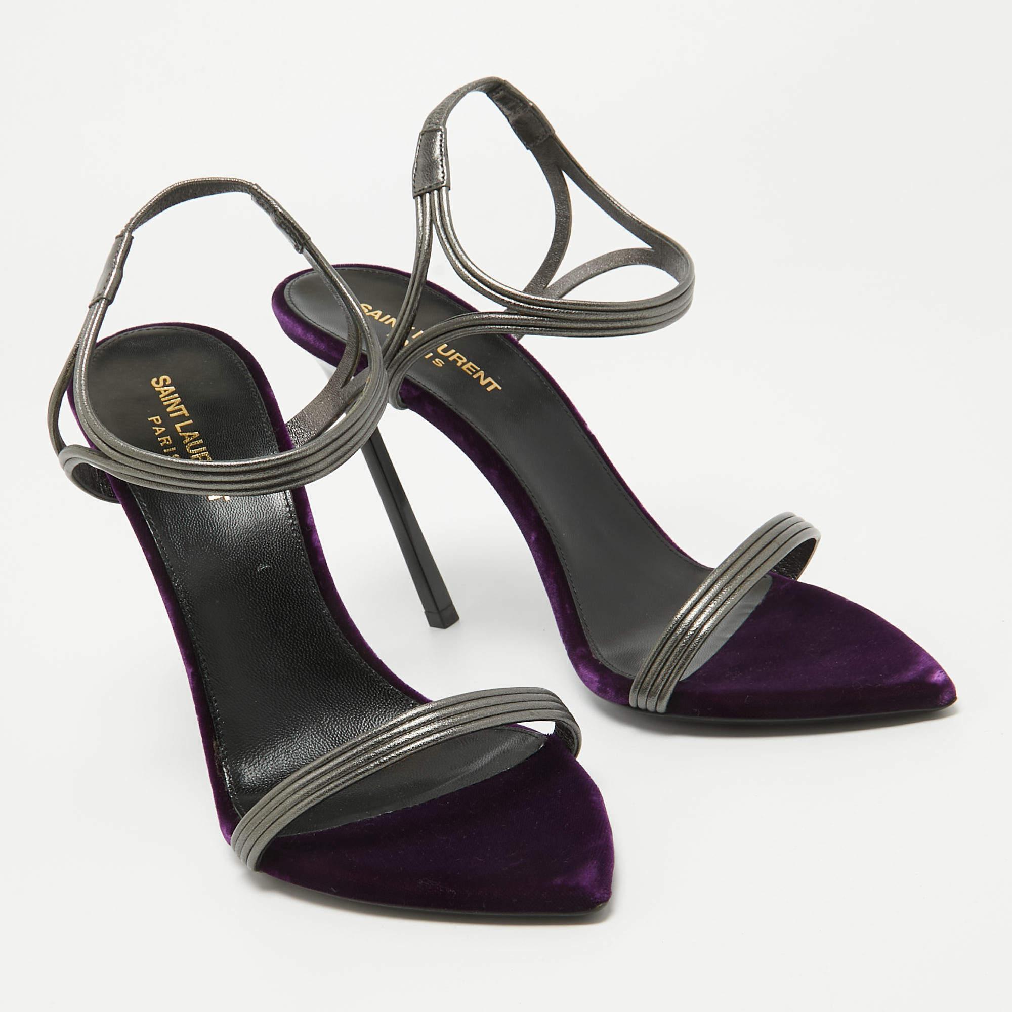 Saint Laurent Metallic Silver/Purple Leather and Velvet Ankle Strap Sandals Size For Sale 2