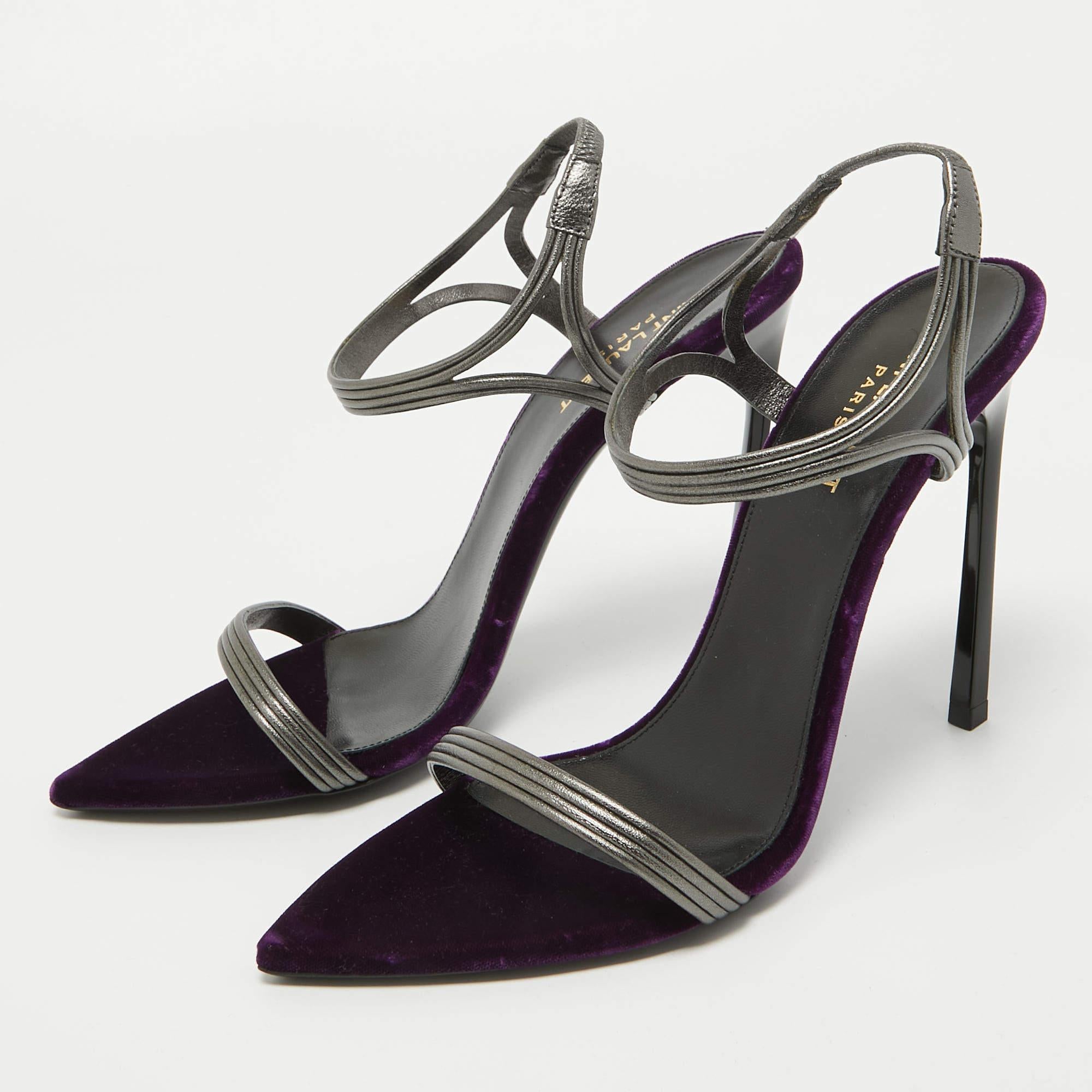Saint Laurent Metallic Silver/Purple Leather and Velvet Ankle Strap Sandals Size For Sale 4