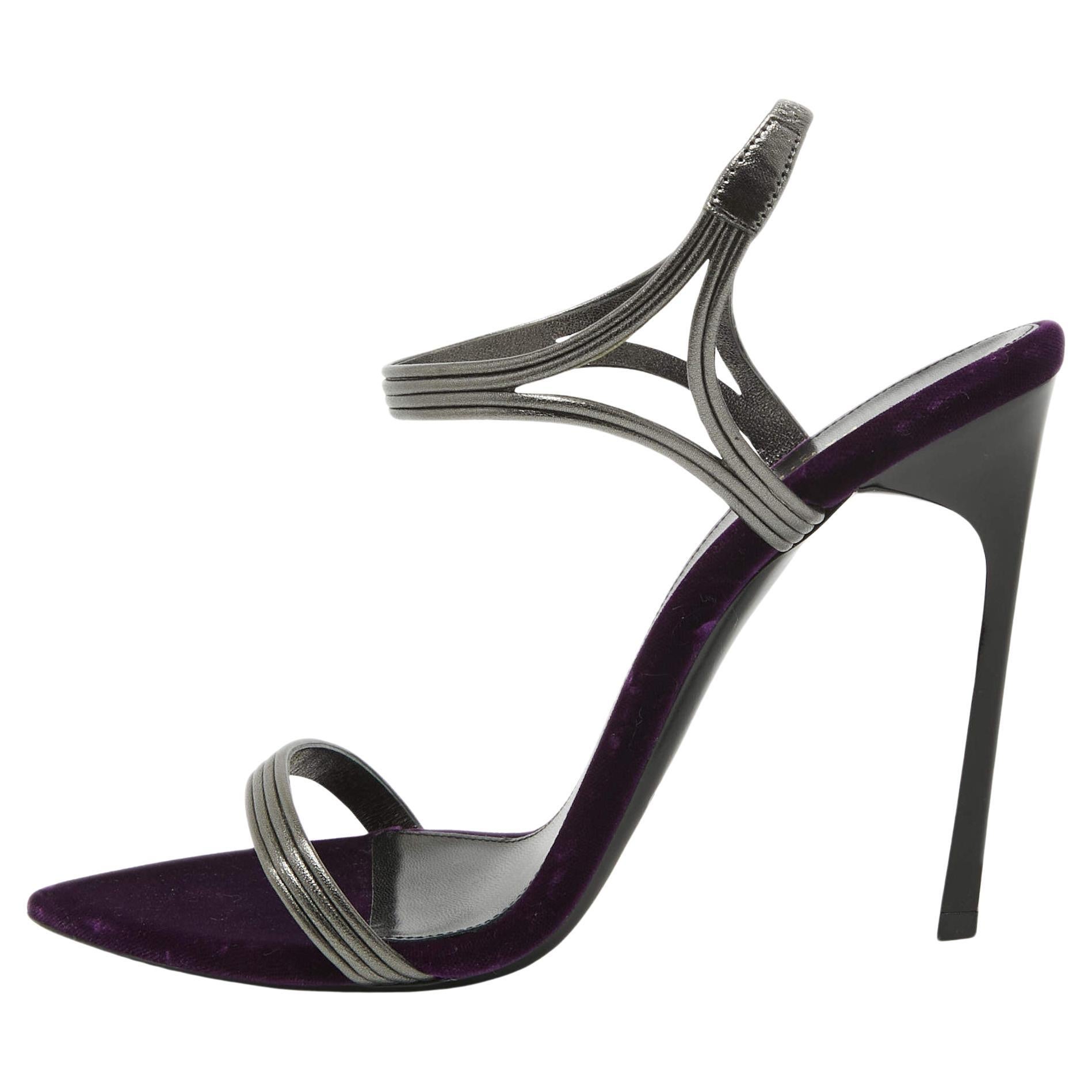 Saint Laurent Metallic Silver/Purple Leather and Velvet Ankle Strap Sandals Size For Sale