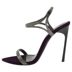 Saint Laurent Metallic Silber/Purple Leder und Samt Knöchelriemen-Sandalen Größe