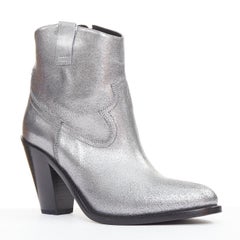 SAINT LAURENT metallic silver shift leather western cowboy ankle boots EU37.5