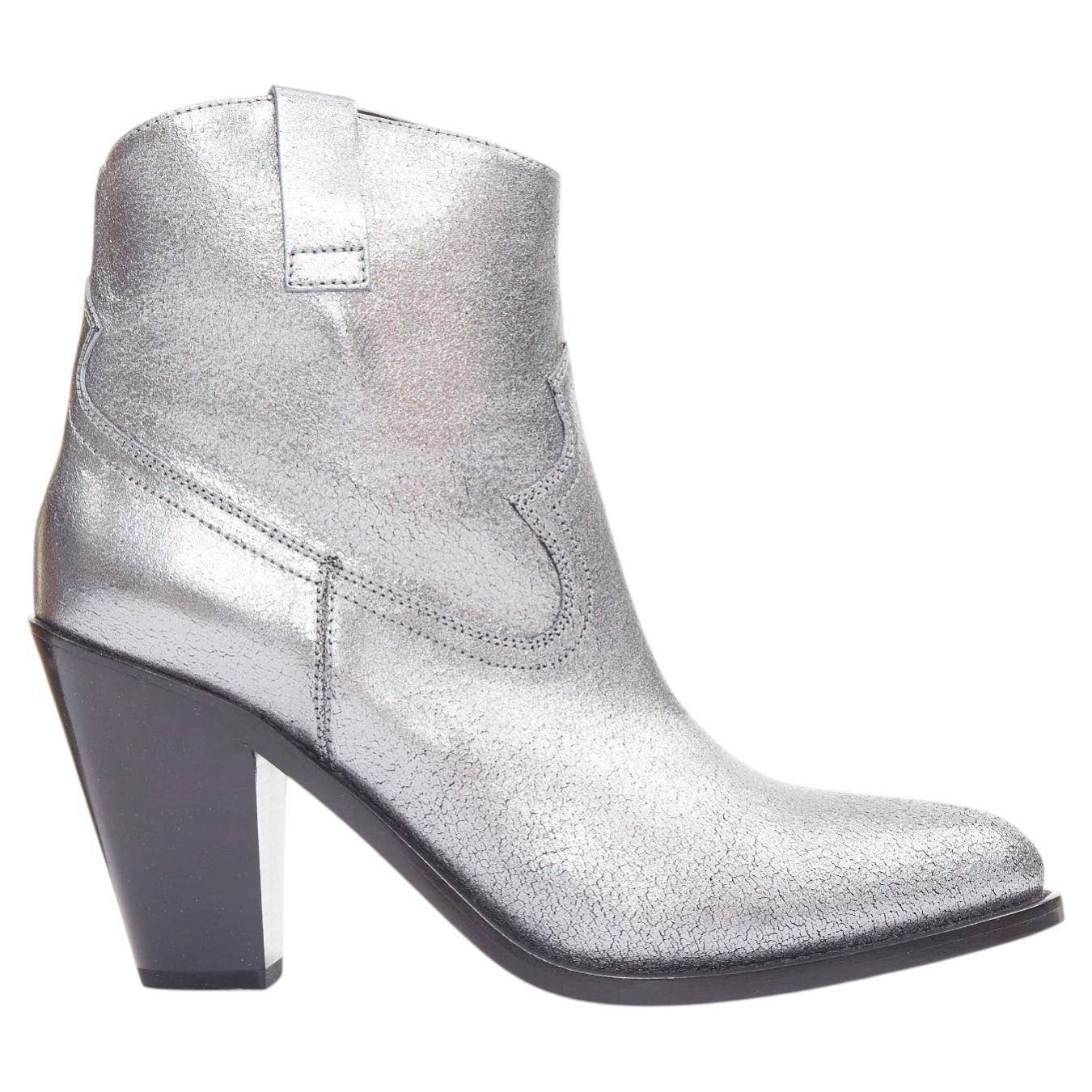Pre-owned Anthony Vaccarello Saint Laurent Metallic Silver Shift Leather Western Cowboy Ankle Boots Eu37.5