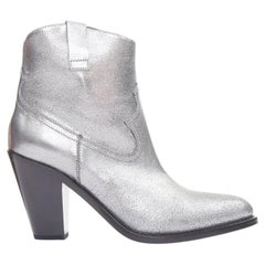SAINT LAURENT metallic silver shift leather western cowboy ankle boots EU37.5
