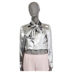SAINT LAURENT metallic silver silk PUSSY BOW CROPPE Blouse Shirt S