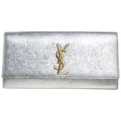 Saint Laurent Metallic Silver Textured Leather Monogram Clutch