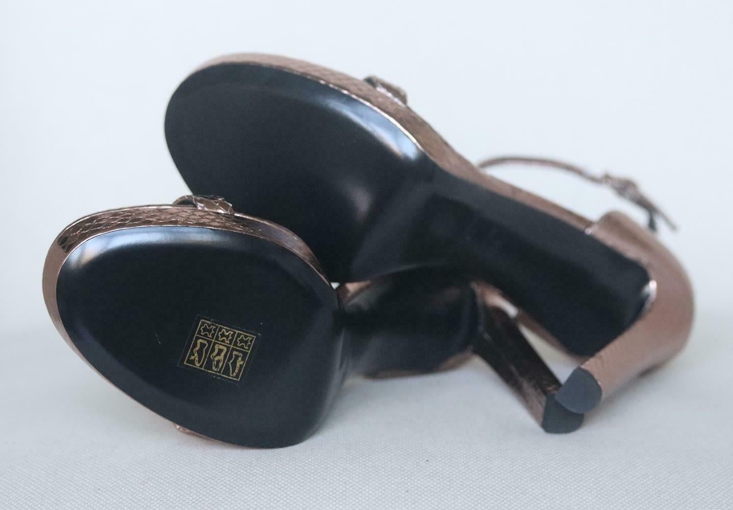 Saint Laurent Metallic Snake Effect Leather Platform Sandals In Excellent Condition In London, GB