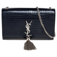 Saint Laurent Midnight Blue Croc Embosed Leather Medium Kate Tassel Shoulder Bag