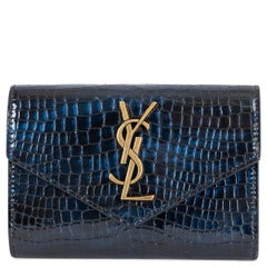 SAINT LAURENT midnight blue leather CASSANDRE CROC EFFECT Wallet