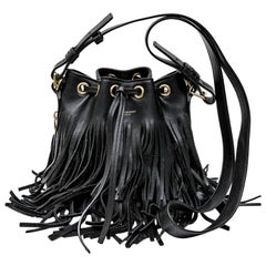 SAINT LAURENT Mini 'Emmanuelle' Bucket Bag in Black Smooth Leather and Fringes