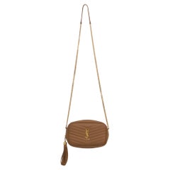 Saint Laurent Mini Lou Chevron Camera Bag in Beige Leather
