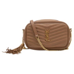 Saint Laurent Mini Lou Chevron Camera Bag in Beige Leather