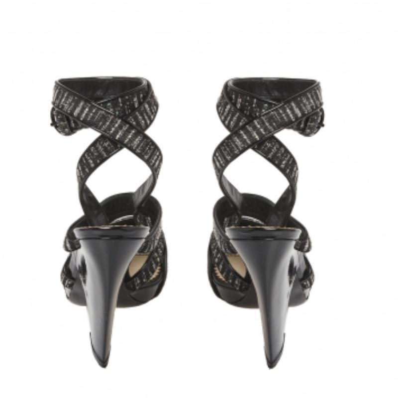 Women's Saint Laurent Monochrome Fabric & Patent Leather Trim Ankle Wrap Sandals Size 37 For Sale