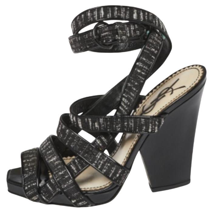 Saint Laurent Monochrome Fabric & Patent Leather Trim Ankle Wrap Sandals Size 37 For Sale