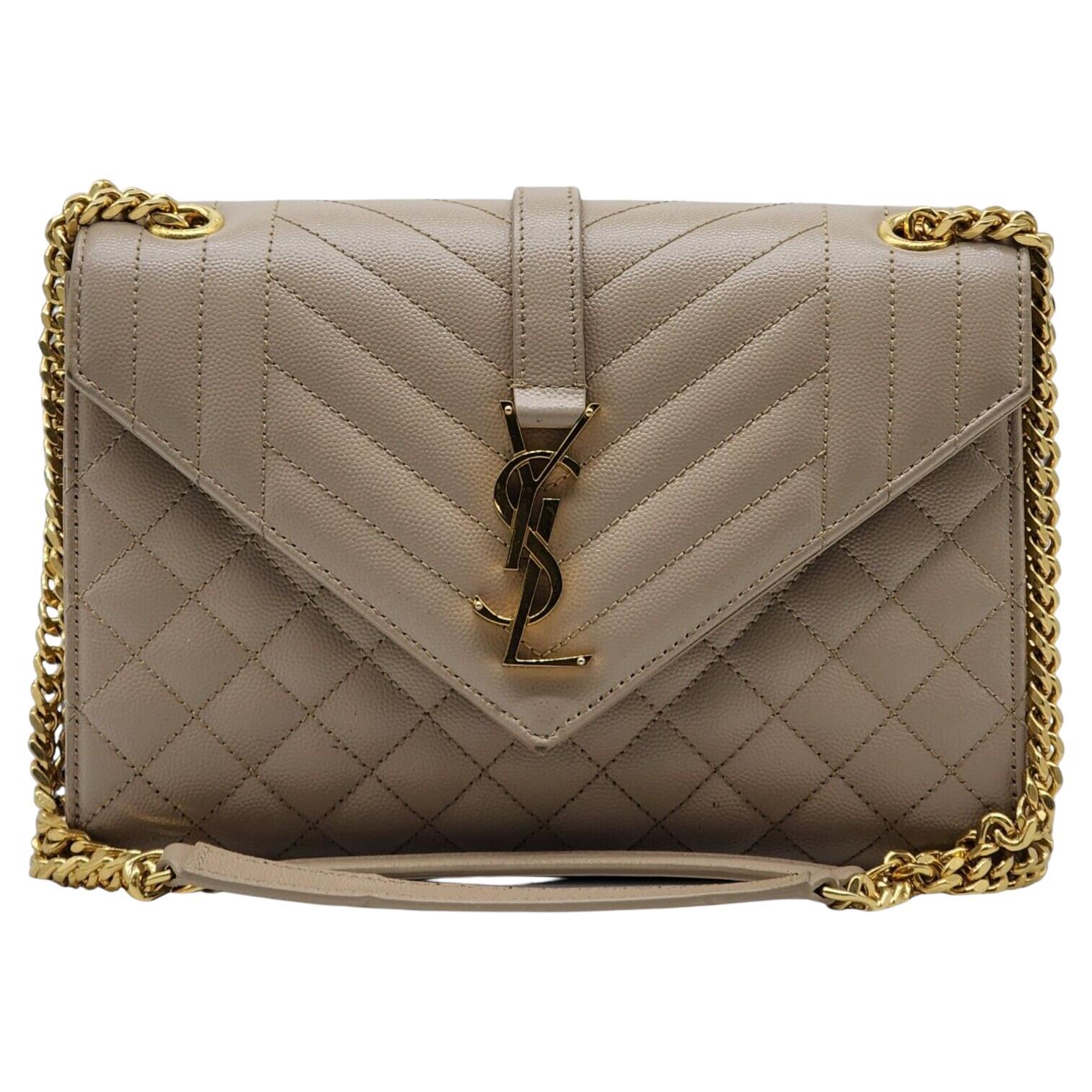 Saint Laurent Monogram Medium Envelope Shoulder Bag Leather in Beige For Sale