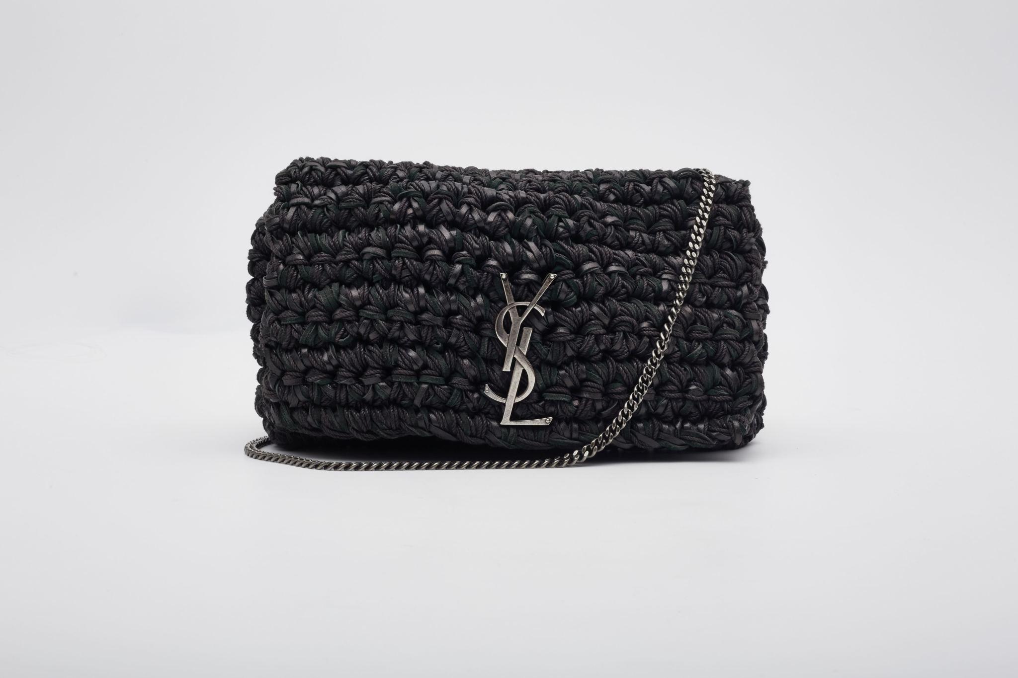 Black Saint Laurent Monogram Raffia Kate Shoulder Bag Medium For Sale