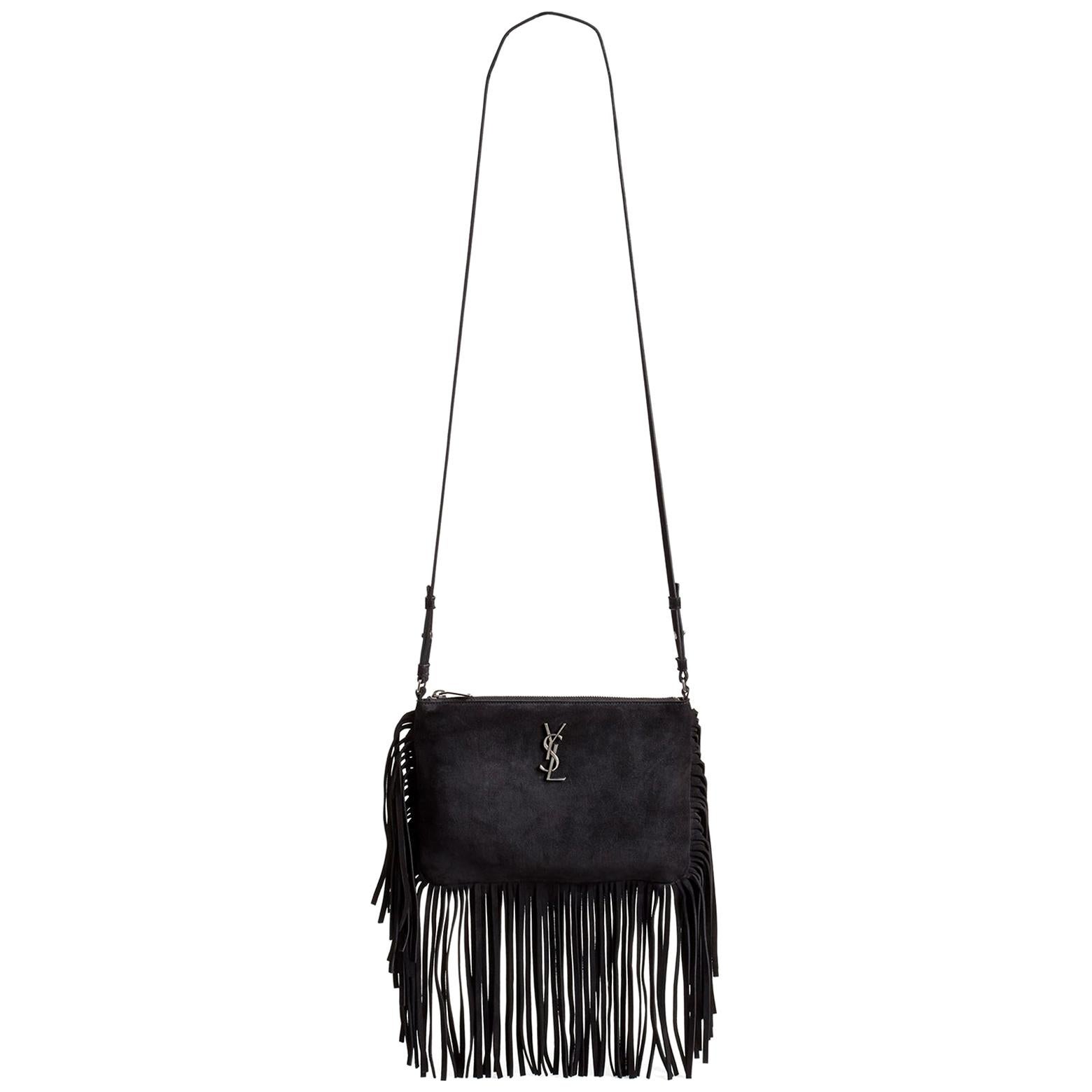 Saint Laurent Monogram Suede Fringe Crossbody Bag at 1stDibs