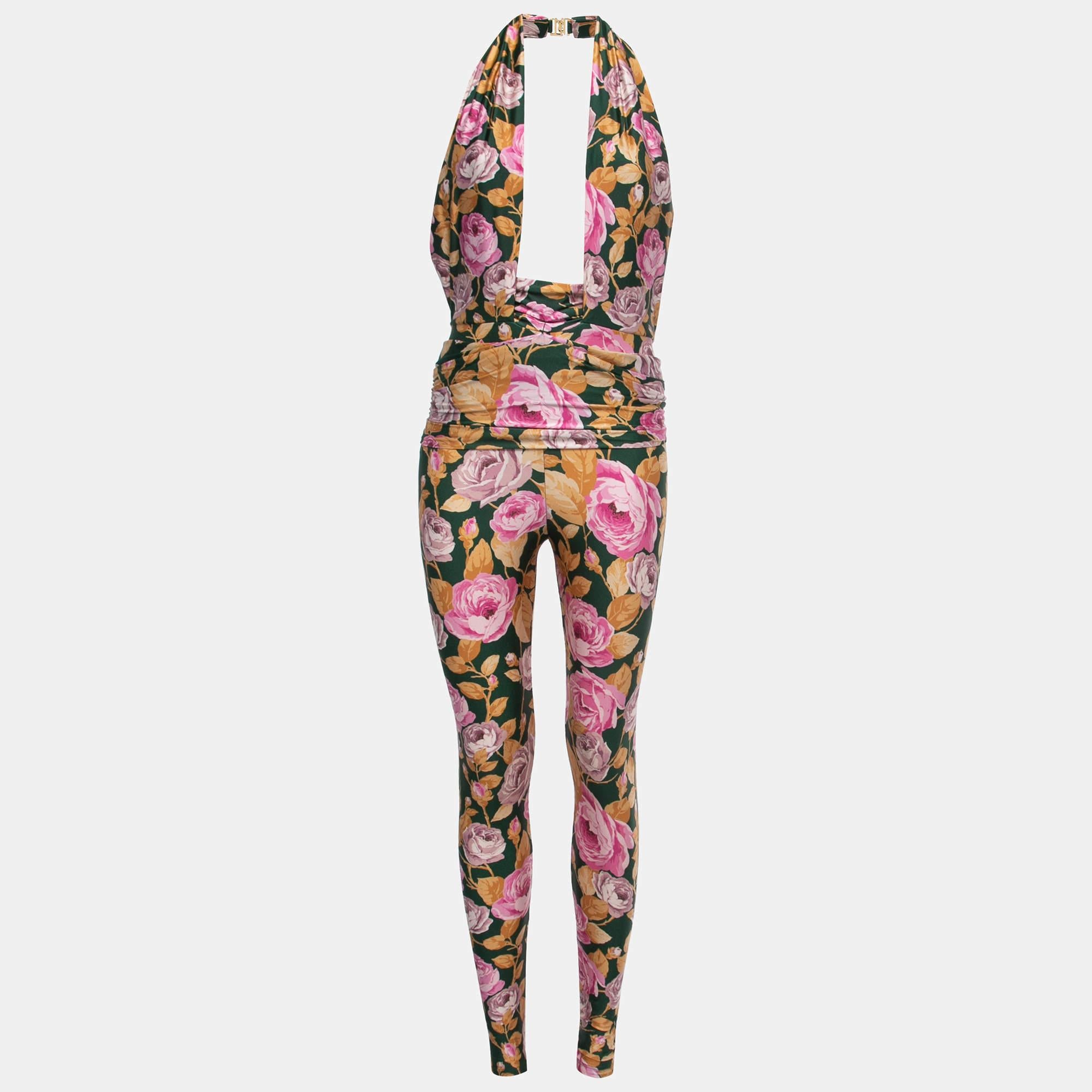 Women's Saint Laurent Multicolor Floral Print Stretch Jersey Halter Neck Jumpsuit S For Sale
