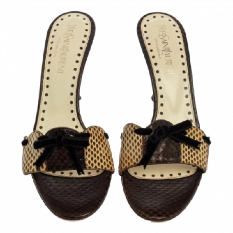 Black Saint Laurent Multicolor Snakeskin Bow Slide Sandals Size 36 For Sale