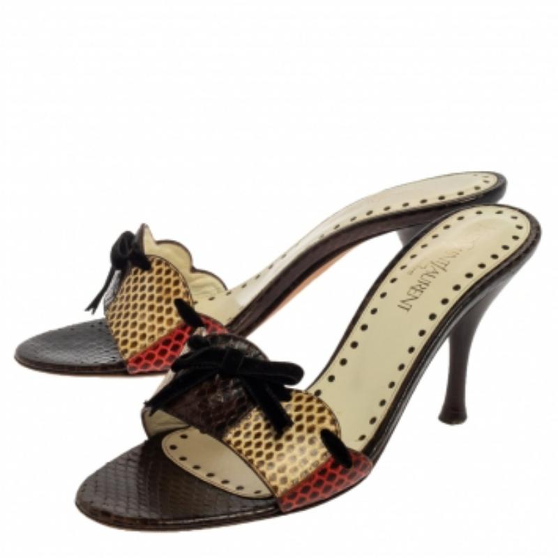Saint Laurent Multicolor Snakeskin Bow Slide Sandals Size 36 For Sale 2
