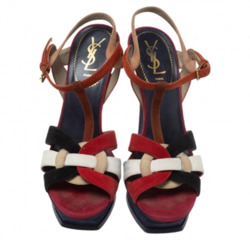 Saint Laurent Multicolor Suede Tribute Platform Sandals Size 40 In Fair Condition For Sale In Dubai, Al Qouz 2