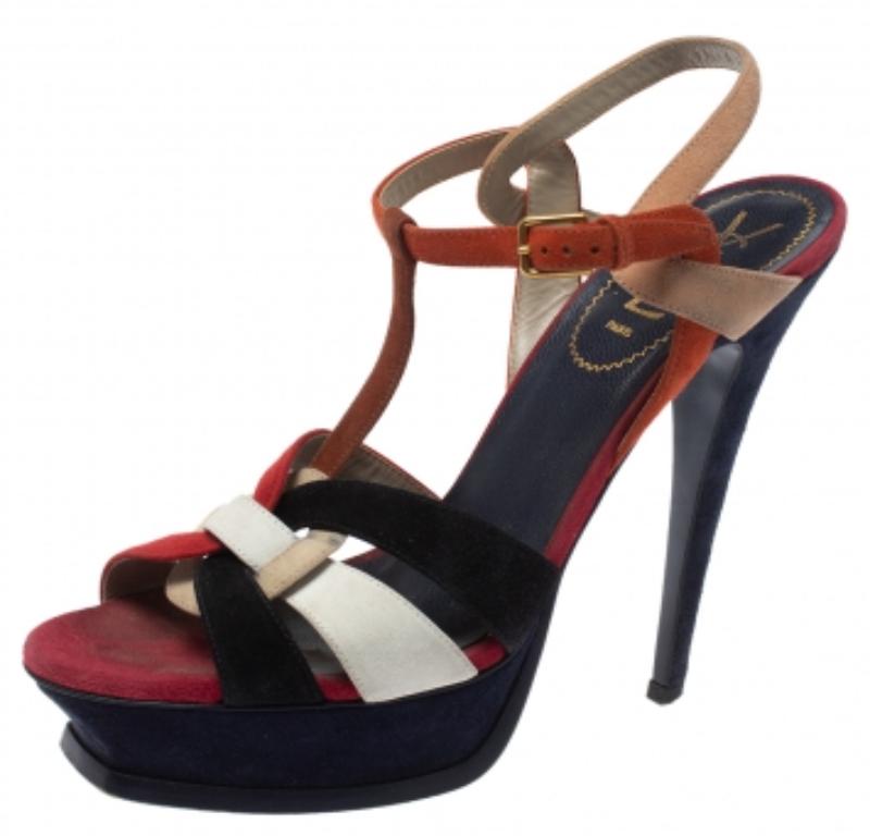 Saint Laurent Multicolor Suede Tribute Platform Sandals Size 40 For Sale 1