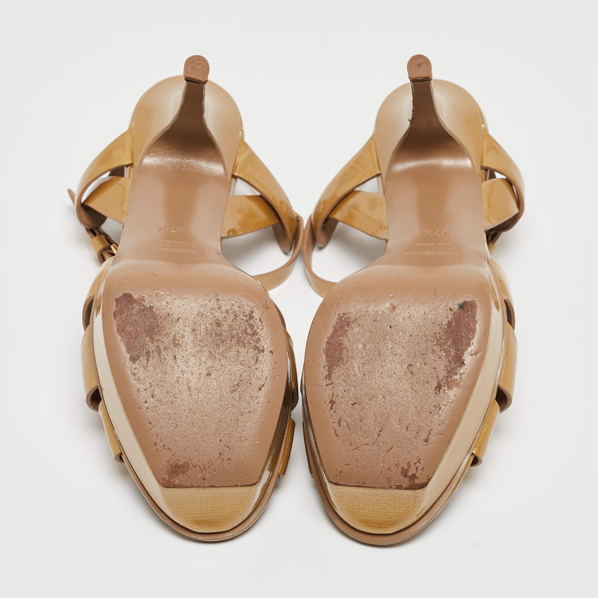 Saint Laurent Mustard Patent Leather Tribute Sandals Size 37.5 For Sale 1