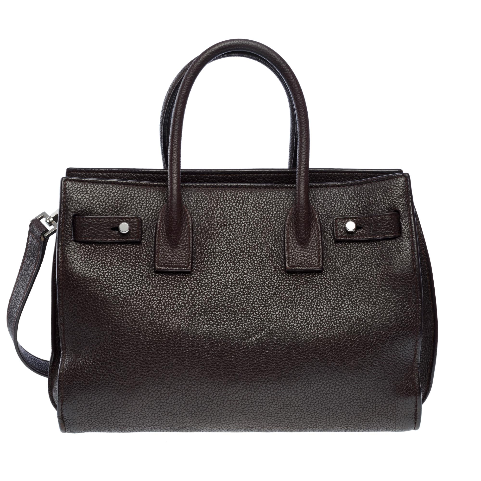 Saint Laurent Nano Sac de Jour handbag strap in burgundy grained leather, SHW In Good Condition For Sale In Paris, IDF