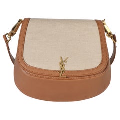 Saint Laurent Natural Tan Canvas Calfskin Mini Voltaire Top Handle Bag