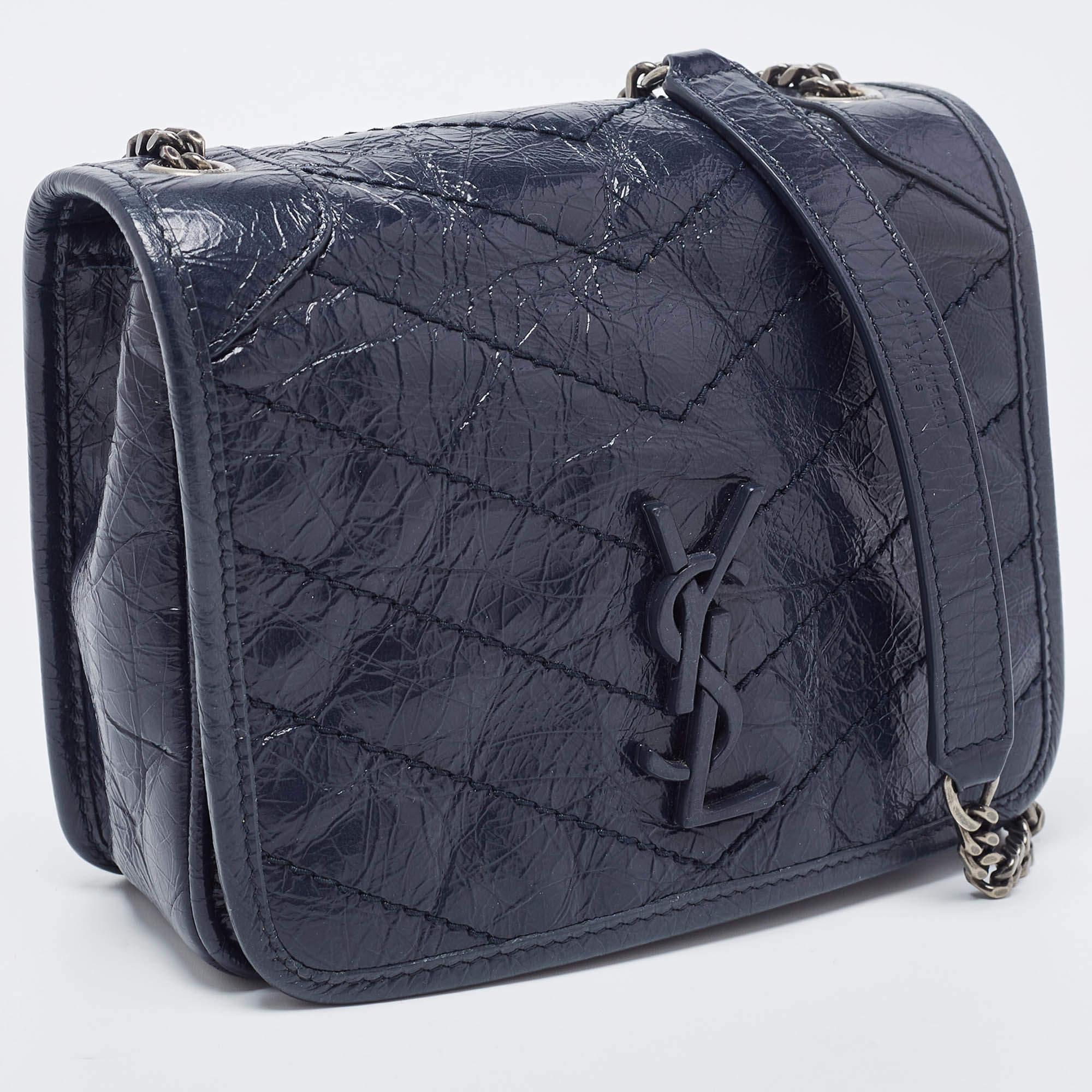 Saint Laurent Navy Blue Crinkled Leather Mini Niki Chain Shoulder Bag In Excellent Condition In Dubai, Al Qouz 2