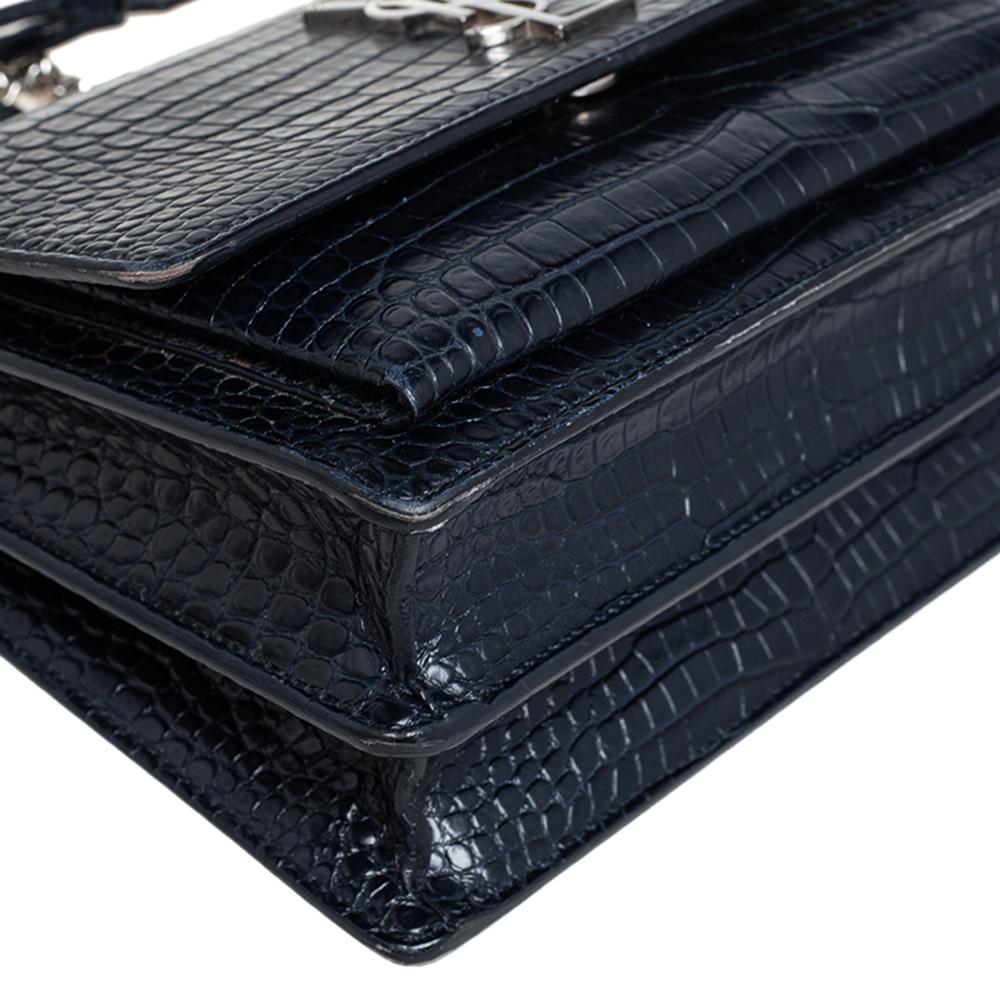 Saint Laurent Navy Blue Croc Embossed Leather Medium Sunset Shoulder Bag 1