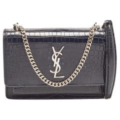 Saint Laurent Navy Blue Croc Embossed Leather Mini Sunset Chain Bag