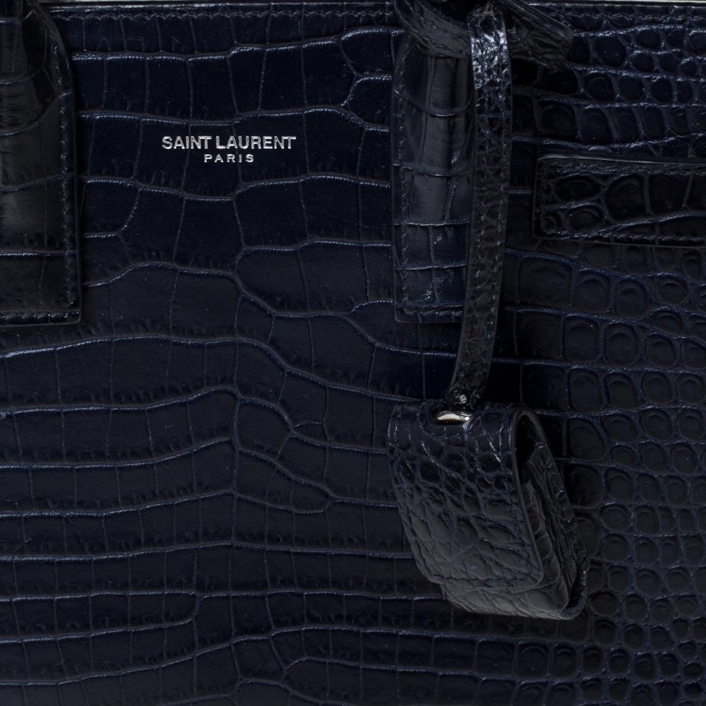 Saint Laurent Navy Blue Croc Embossed Leather Nano Classic Sac De Jour Tote 1
