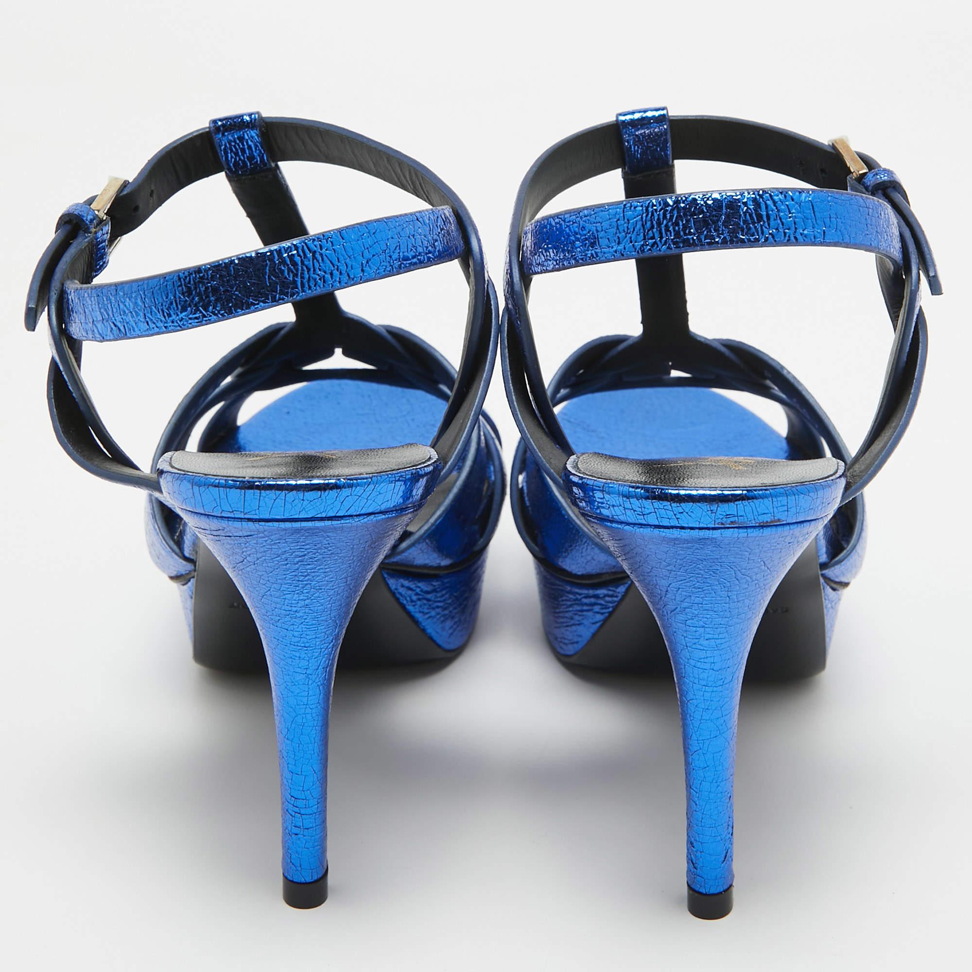 Saint Laurent Navy Blue Foil Leather Tribute Platform Ankle Strap Sandals Size 3 In Excellent Condition In Dubai, Al Qouz 2