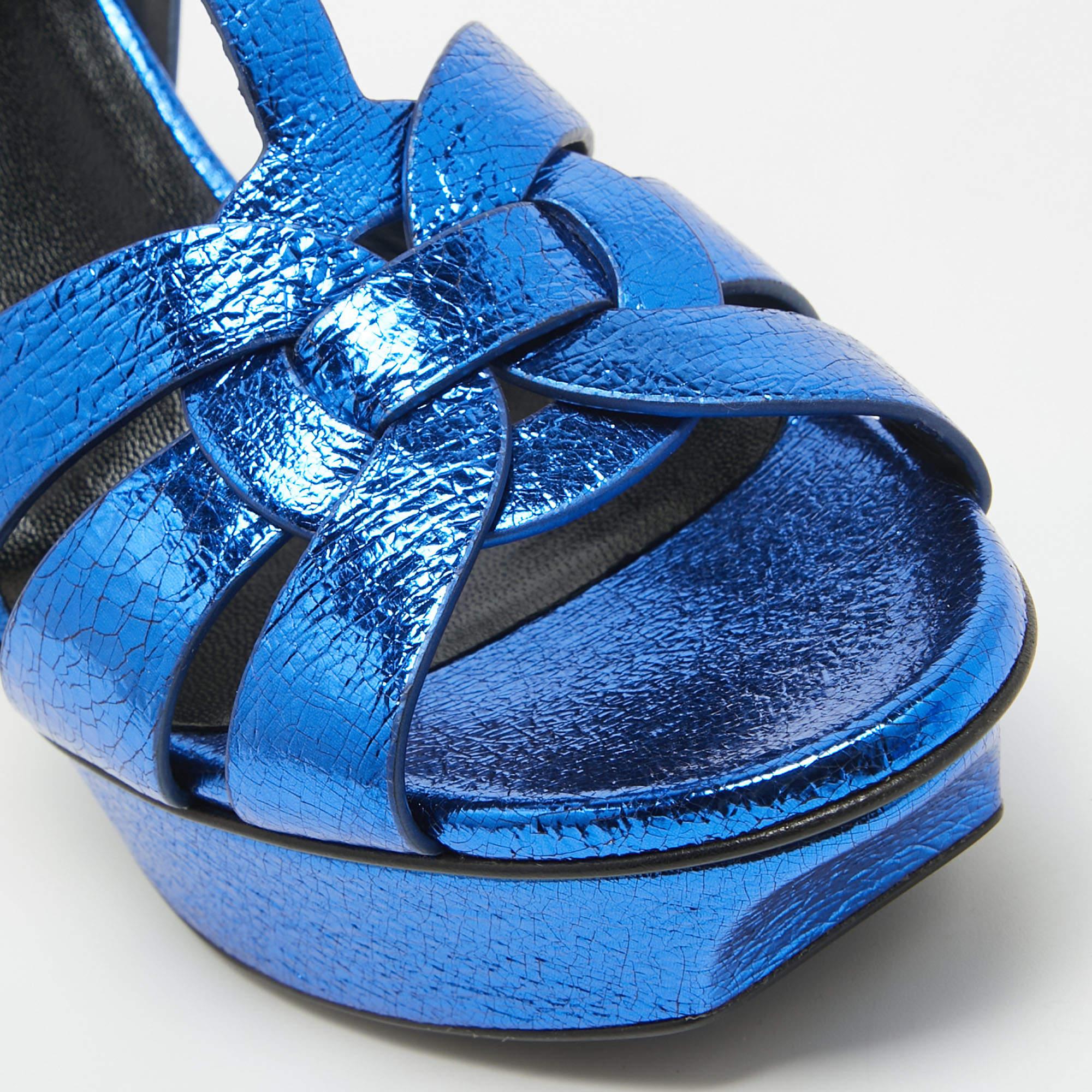 Women's Saint Laurent Navy Blue Foil Leather Tribute Platform Ankle Strap Sandals Size 3