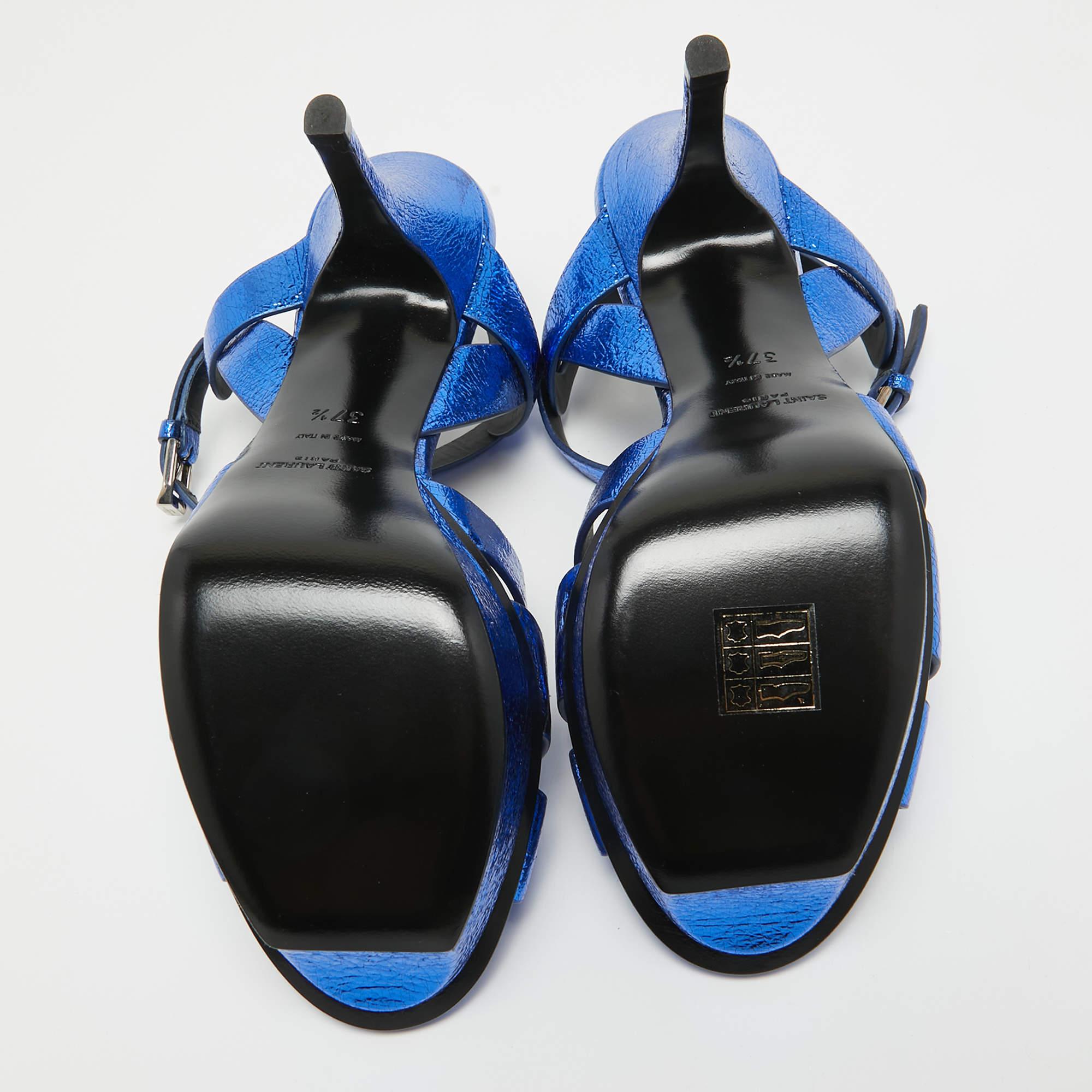 Saint Laurent Navy Blue Foil Leather Tribute Platform Ankle Strap Sandals Size 3 1