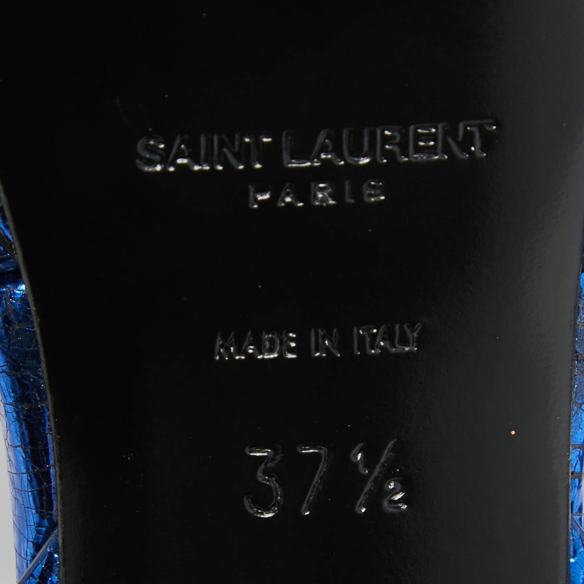 Saint Laurent Navy Blue Foil Leather Tribute Platform Ankle Strap Sandals Size 3 2
