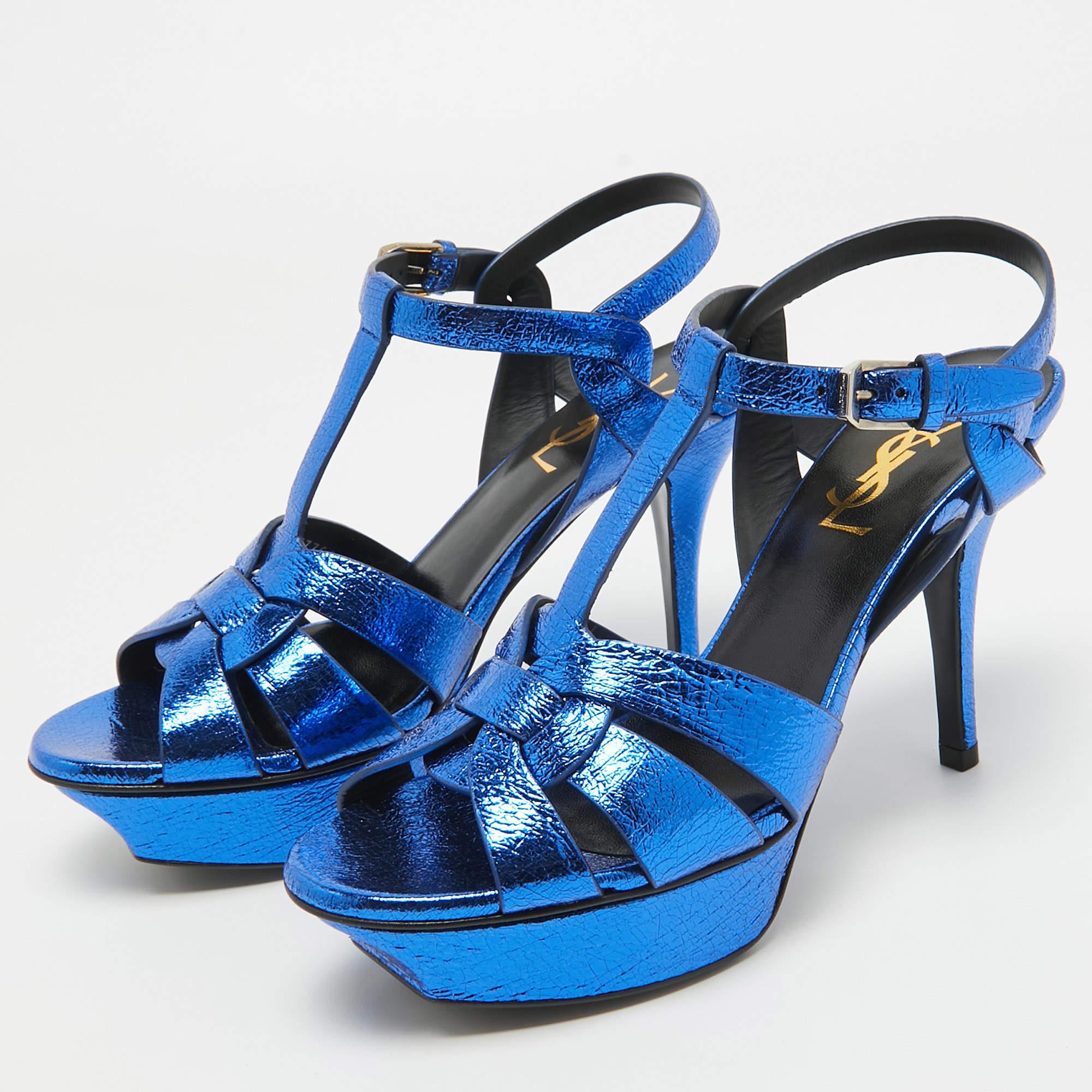 Saint Laurent Navy Blue Foil Leather Tribute Platform Ankle Strap Sandals Size 3 3