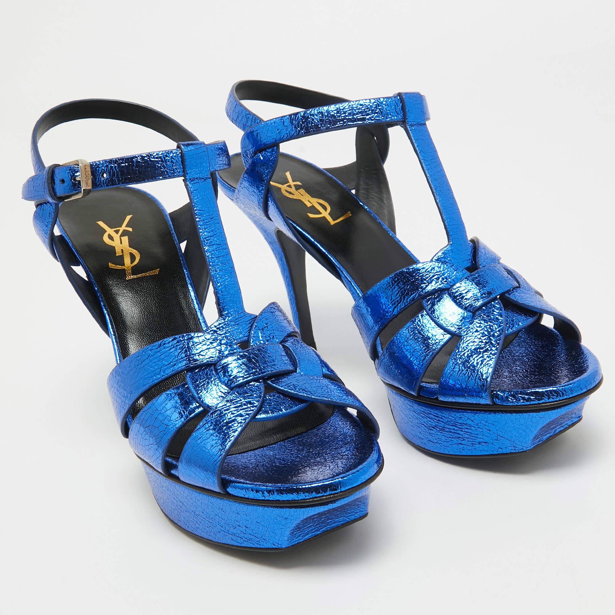 Saint Laurent Navy Blue Foil Leather Tribute Platform Ankle Strap Sandals Size 3 4
