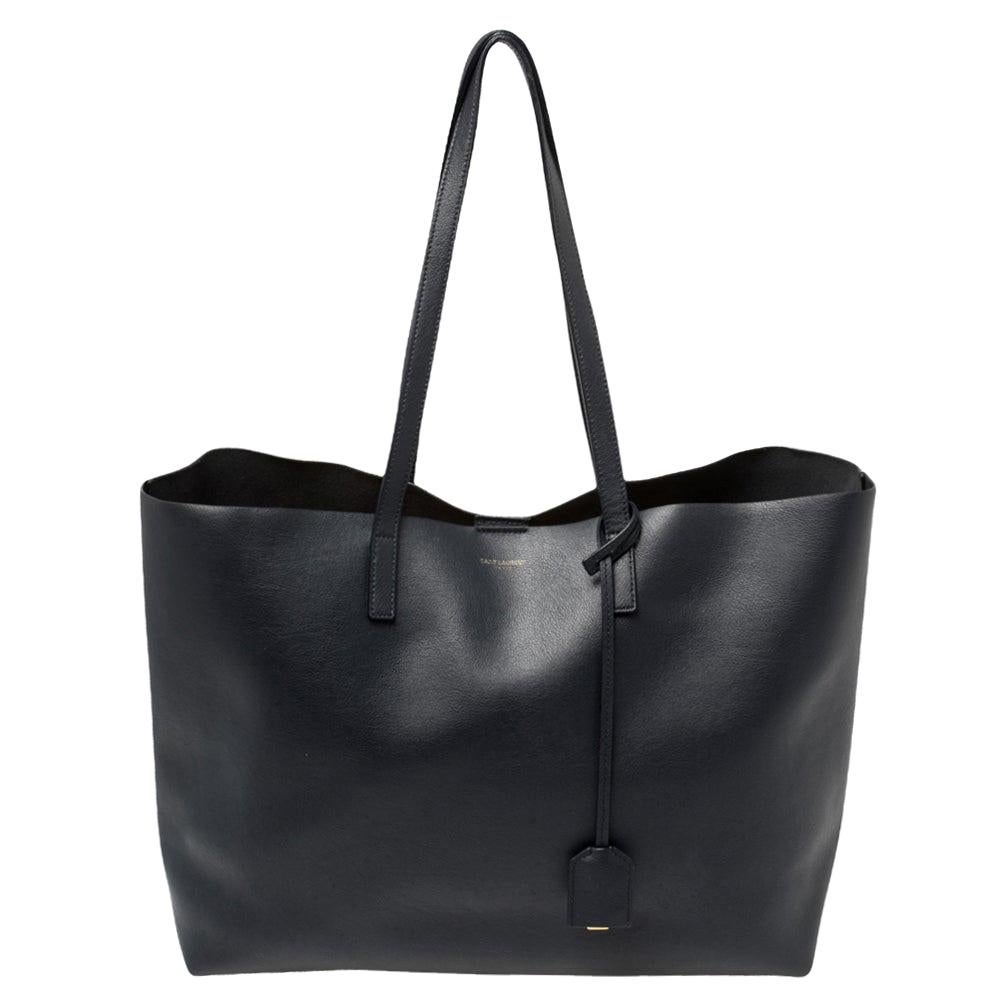 Saint Laurent Navy Blue Leather E/W Shopping Tote