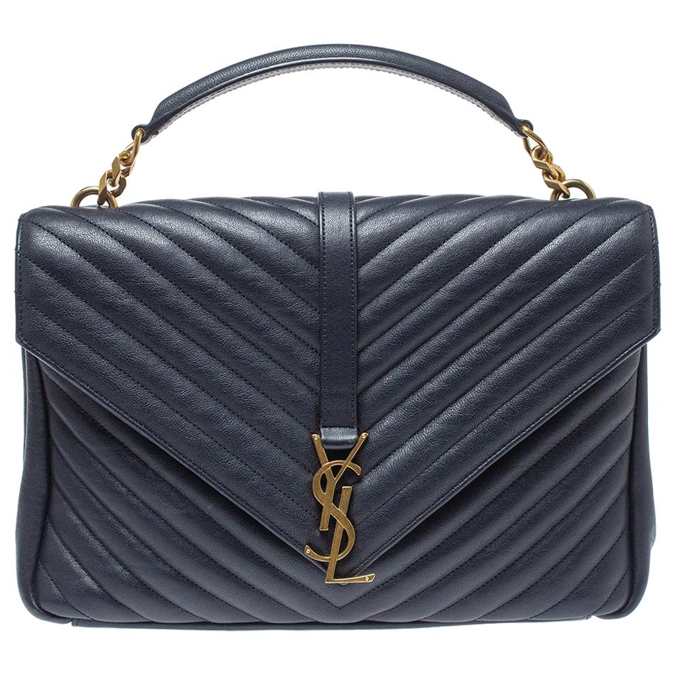 Saint Laurent Navy Blue Matelasse Leather Large College Top Handle Bag