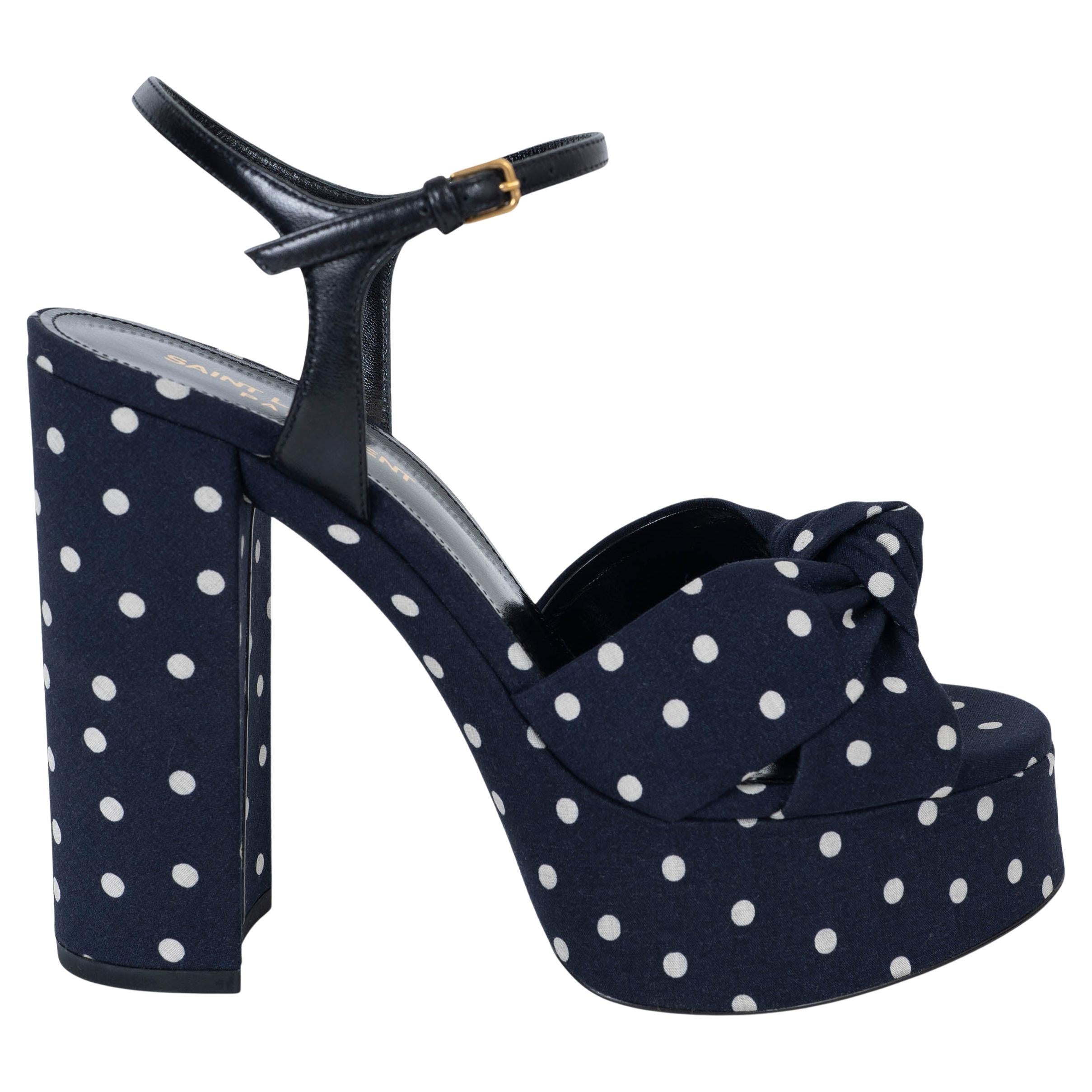 SAINT LAURENT navy blau 
weiß BIANCO POLKA DOT PLATFORM Sandalen Schuhe 37.5 im Angebot