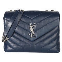 Saint Laurent Navy Calfskin Y Quilted Monogram Small Loulou Chain Satchel