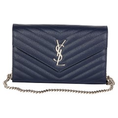 SAINT LAURENT Navy Chevron Grained Calfskin Leather Envelope Wallet-on-Chain WOC