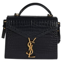 Saint Laurent Marineblaue Mini- Cassandra-Tasche mit Krokodilprägung