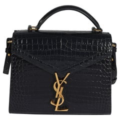 Saint Laurent Navy Crocodile-Embossed Mini Cassandra Top Handle Bag