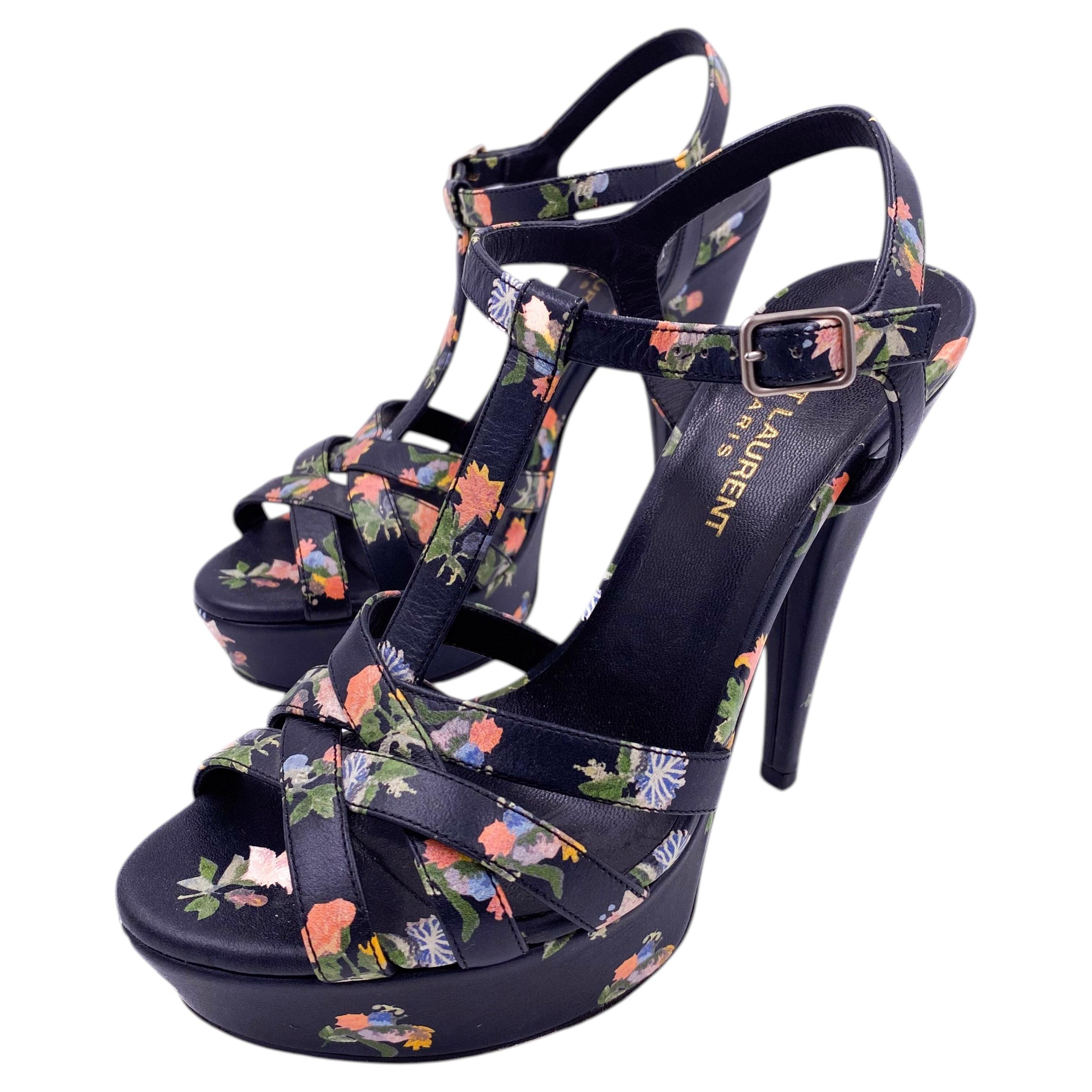 Saint Laurent Marineblaues geblümtes Plateau mit offener Zehe im Angebot