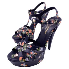 Saint Laurent Navy Floral Open Toe Platform