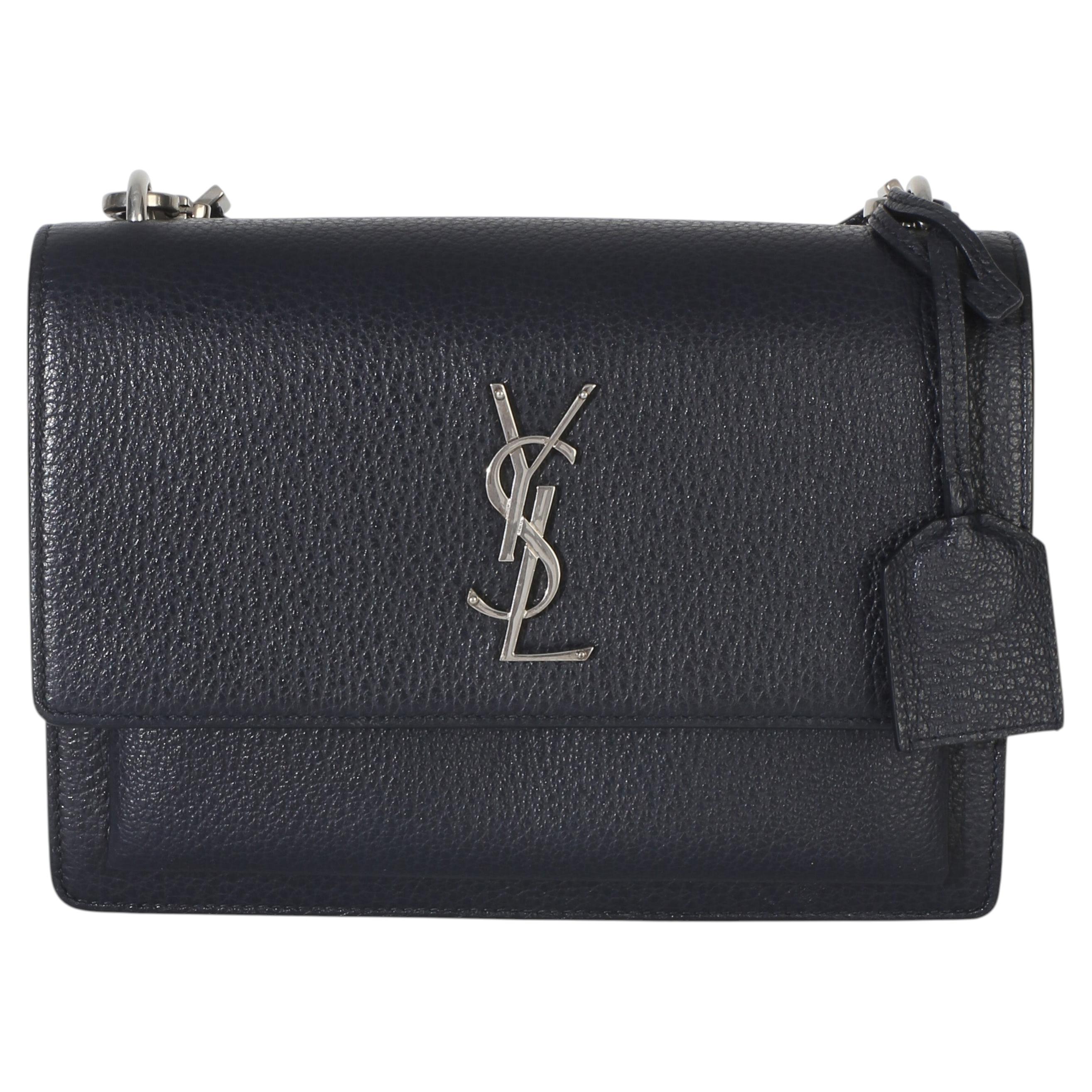 Borsa Saint Laurent Monogram Sunset media in pelle di vitello martellata blu navy
