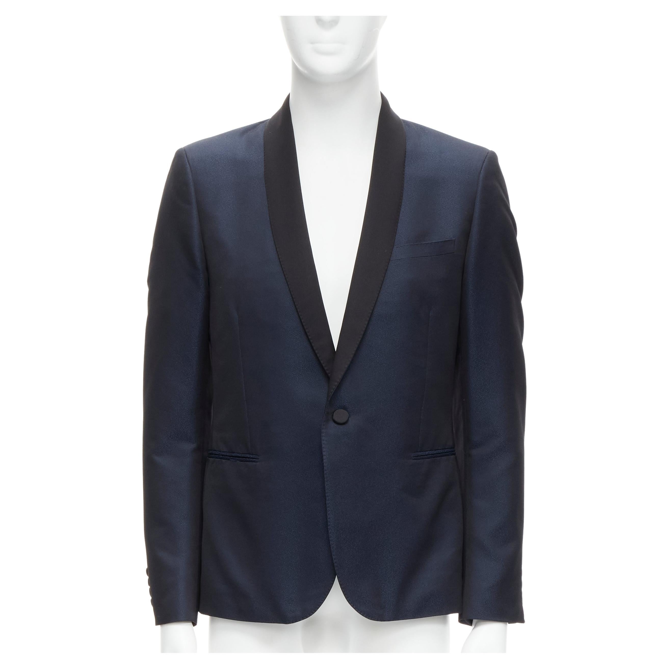SAINT LAURENT navy metallic textured satin shawl tuxedo blazer EU50 L For Sale